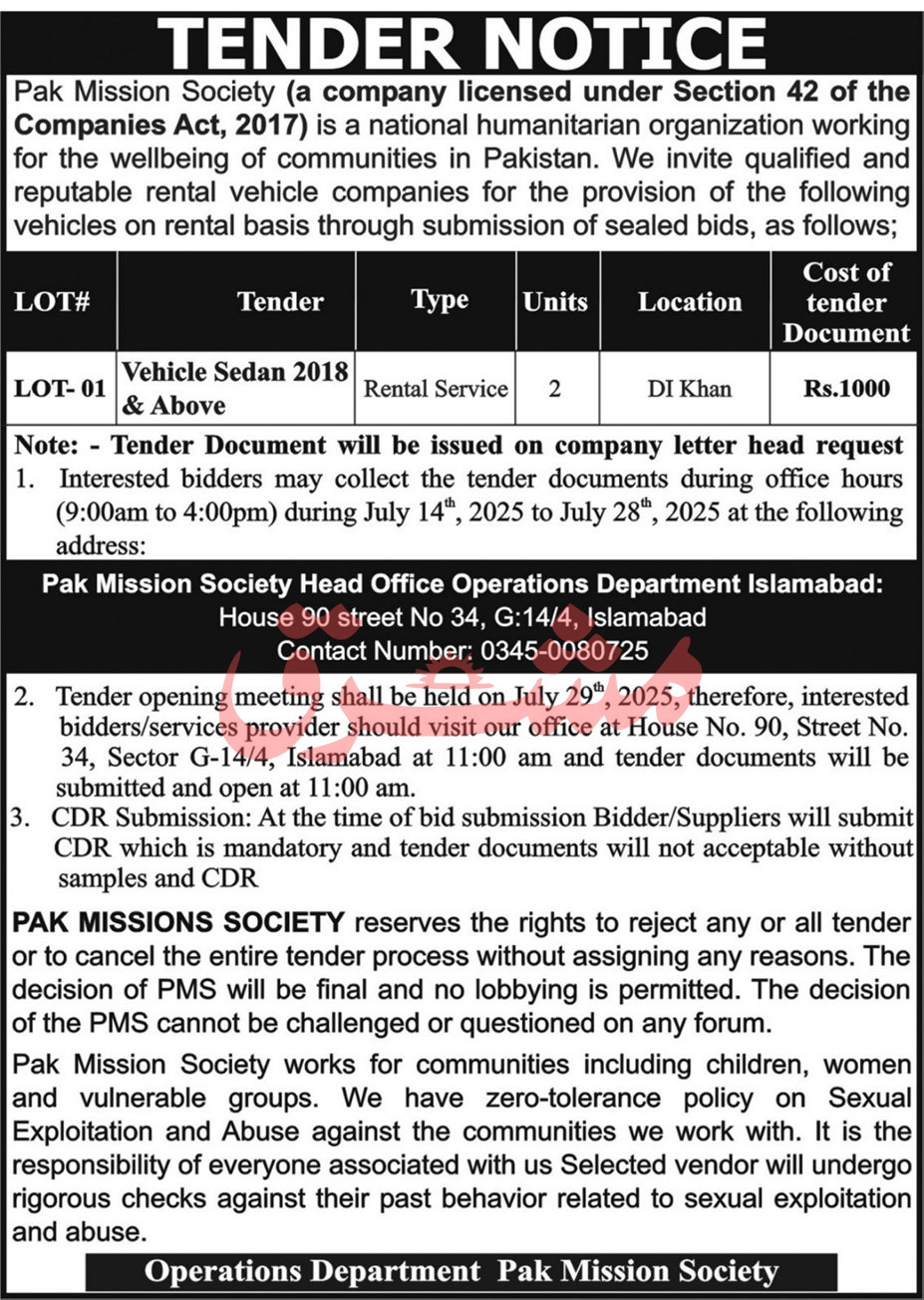 Pak Mission Society Islamabad Tender Notice